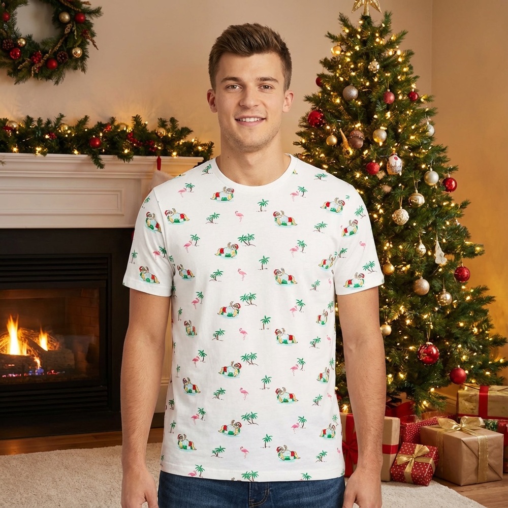 Denim & Flower Tropical Santa Print Tee | Men’s XL | NWT